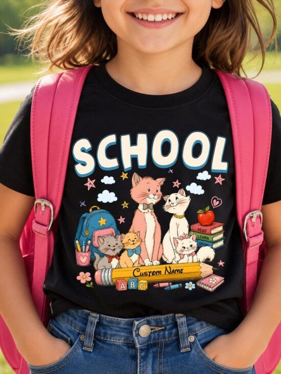 Other - Custom Name School Cat Shirt, Back to School Kids Tee, Cute Cat Classroom Tee